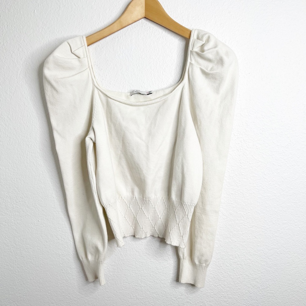 Lush Cream Puff Sleeve Square Neck Knit Sweater Smocked Diamond Waist Womens M